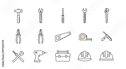 Collection of various tools for construction and repair work, outline style.