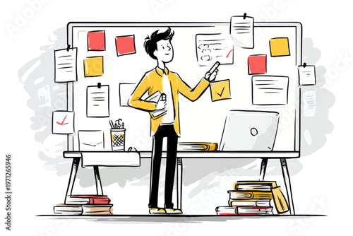 Young caucasian male presenting ideas on whiteboard in office setting