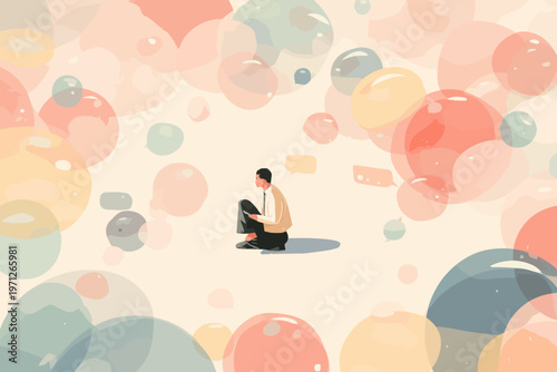 Contemplative adult male amidst colorful bubbles in serene atmosphere