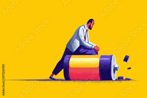 Caucasian male adult contemplating creativity with giant paint tube on yellow background