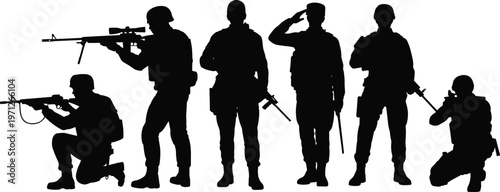 Silhouettes of soldiers in various poses with rifles and weapons on white background military army