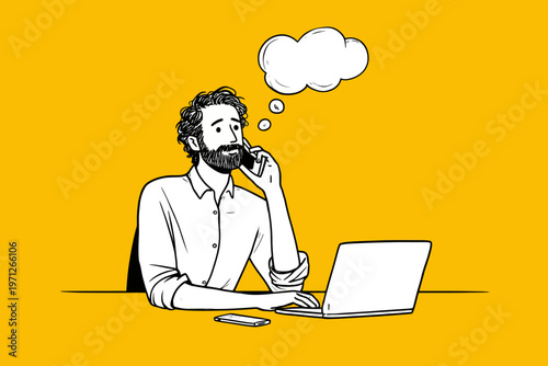 Thoughtful caucasian male working on laptop with cloud thought bubble