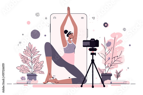 Young adult african female doing yoga pose for online fitness in modern studio