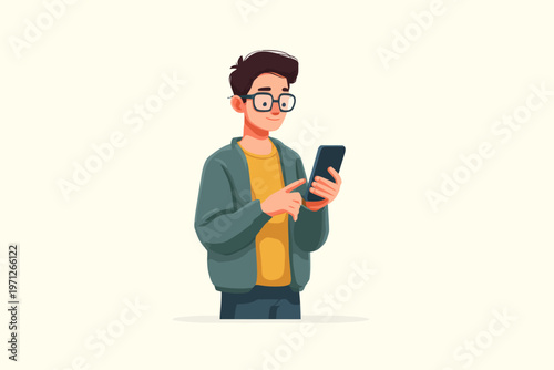Young caucasian male using smartphone with interest wearing glasses and casual outfit