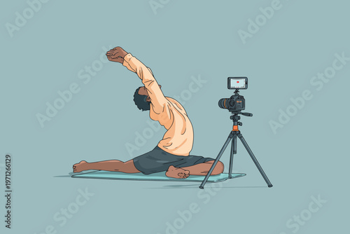 African male adult practicing yoga in front of camera on tripod