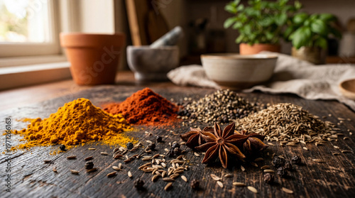 Assortment of vibrant spices including turmeric chili and star anise artfully arranged on a rustic wooden table perfect for culinary concepts and healthy cooking