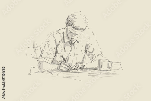Sketch of caucasian male adult writing at desk with coffee in shirt