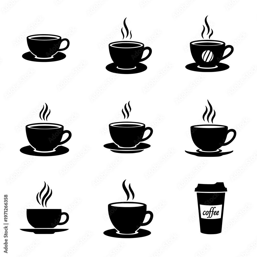 Obraz premium Coffee Cup Icons Set with Different Designs. A collection of black and white coffee cup icons in various designs and styles, perfect for use in graphic design or digital media.