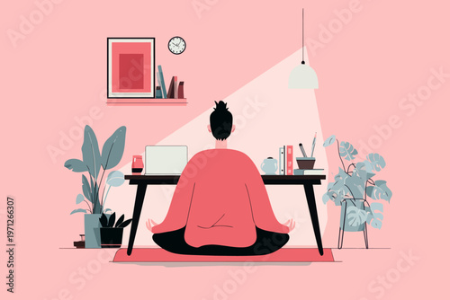 Young hispanic female meditating at desk in minimalist home office setting