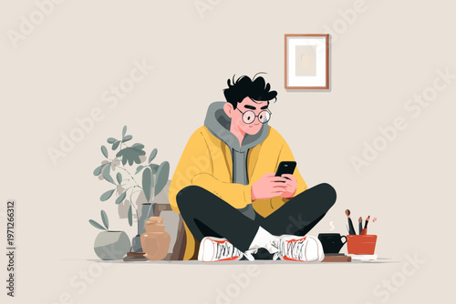 Young caucasian male using smartphone in cozy creative space with plants and art supplies