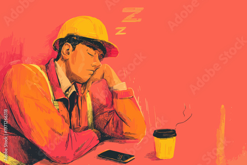 Asian male worker sleeping at desk with coffee and hard hat