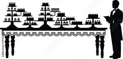 Waiter Standing Beside a Table Laden with Desserts and Cakes Keywords: waiter, silhouette, table, desserts, cakes, food, catering, service