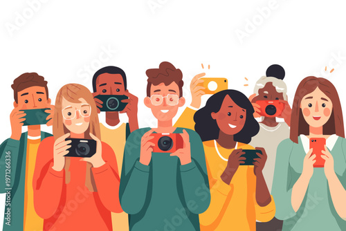 Diverse group of young adults taking photos with cameras and smartphones