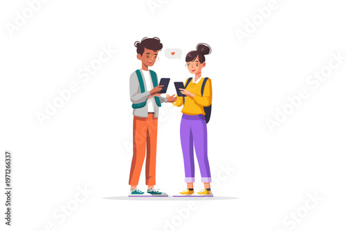 Young multiracial teens messaging on smartphones with heart symbol
