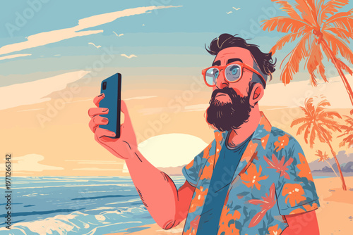 Caucasian male adult taking selfie on tropical beach at sunset