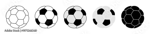 Comprehensive collection of classic soccer ball vector icons in a distinctive puffed and inflated style, featuring diverse graphic variations including clean outline, flat design, and solid black 