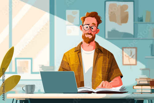 Young caucasian male working at home office desk with laptop and books