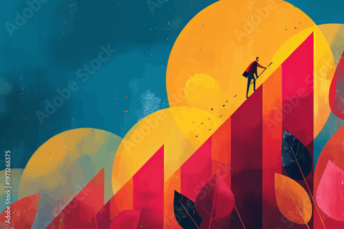 Abstract climb: man ascends vibrant geometric mountain in dreamlike landscape