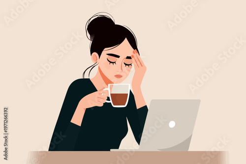 Young asian female with coffee feeling stressed at laptop work desk