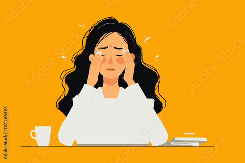 Stressed young hispanic female working on laptop with books and coffee