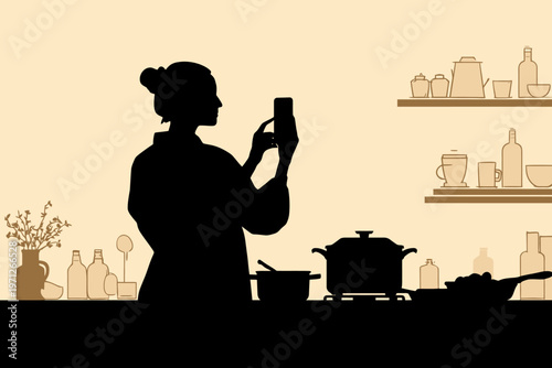 Silhouette of female cooking and taking picture in kitchen