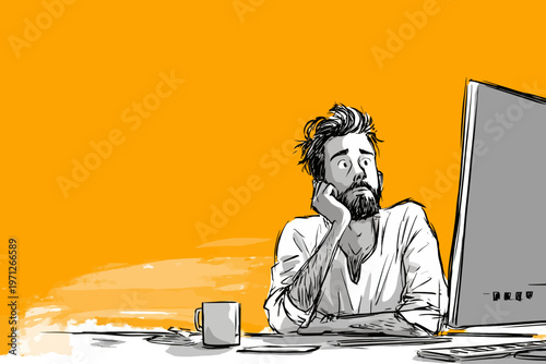 Pensive young adult male at desk working on computer in digital illustration
