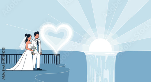 Bride and Groom, Heart Symbol, Sunrise Waterfall - Wedding Romance Illustration