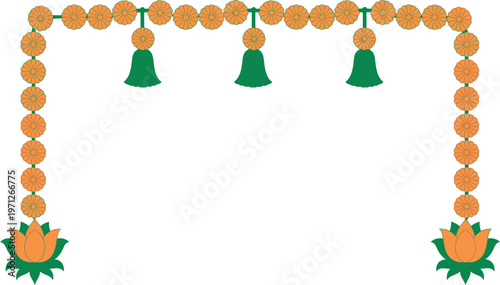 Orange and green floral frame with bells and lotus flowers isolated on transparent background