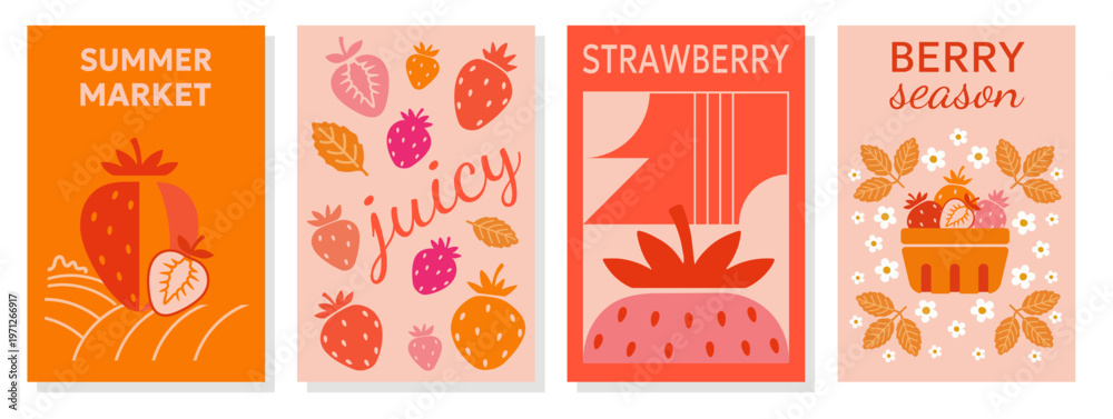 Fototapeta premium Summer strawberry market vector collection with juicy berries and garden elements