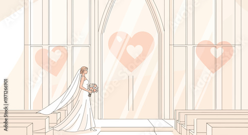 Bride in Church with Heart Reflections, Wedding Ceremony Illustration