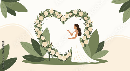 Bride in Wedding Dress Embracing Floral Heart Arch