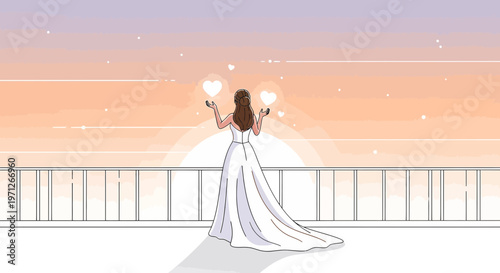 Bride in Wedding Dress with Hearts Overlooking Sunrise Sunset