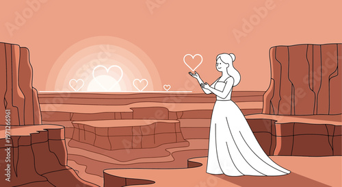 Bride in White Dress Holding Heart Symbol in Desert Landscape at Sunset