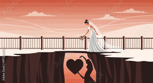Bride Reaching for Heart in Chasm, Symbolizing Love, Commitment, and Relationship Challenges