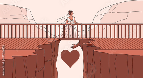 Bride on Bridge Reaching for Heart in Chasm Symbolizing Love Journey