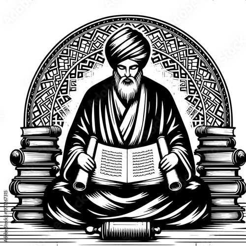 Wise scholar in traditional attire reading ancient manuscript with geometric pattern backdrop