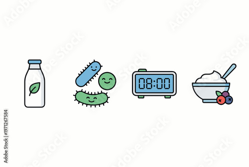 Minimal icon set with milk, bacteria, digestion, clock, and skyr bowl in flat style, vector. Concept of fermentation cycle, microbiome function, and structured healthy eating routine.