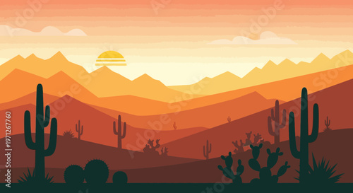Desert landscape with saguaro cacti and mountains at sunset