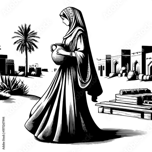 Middle Eastern mother holding baby in traditional abaya with desert cityscape background