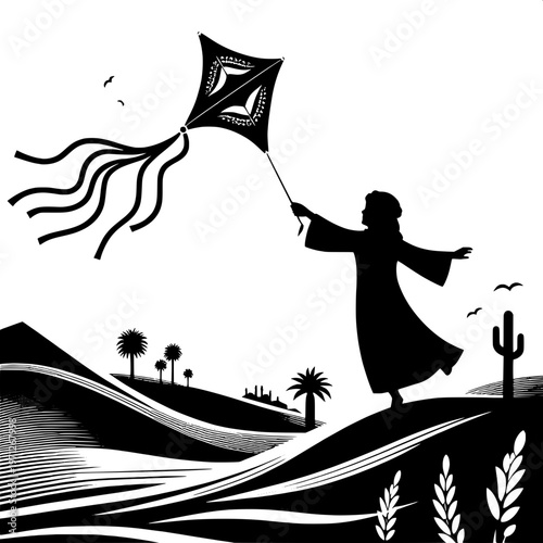 Silhouette of person flying diamond-shaped kite on desert dunes at dusk