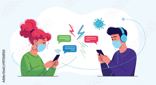 Two people wearing face masks using their smartphones for a digital argument or heated discussion over chat messaging.