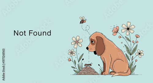 Error 404 page not found concept illustration featuring a sad puppy sitting in a garden with flowers and an ant hill.