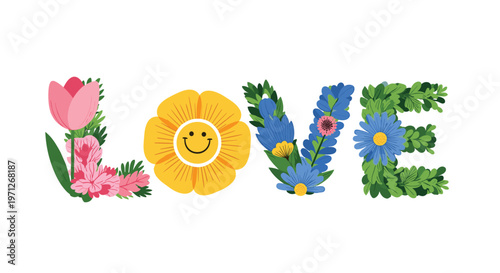 Word love creatively spelled out using colorful spring flowers and a happy yellow sun with a smiling face on a plain background.