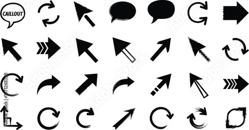 Collection of black cursor and communication icons arrows speech bubbles and rotation symbols