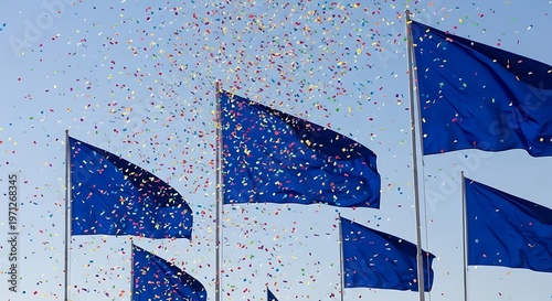 Blue and white flags waving celebration.