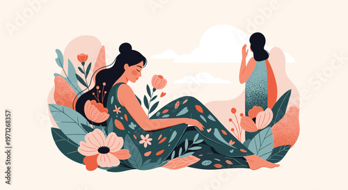 Peaceful scene of a woman sitting in a lush garden filled with flowers and plants while reflecting in quiet tranquility.