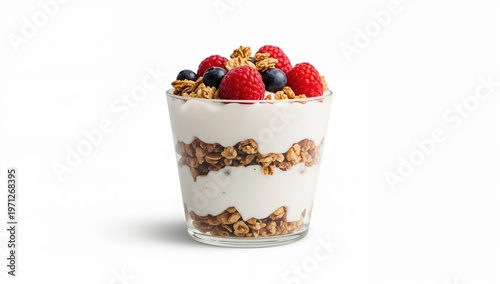 Artisan coconut milk yogurt parfait with granola and fresh berries in glass on white background