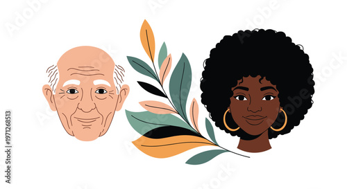 Intergenerational diversity concept showing the faces of an elderly man and a young black woman next to autumn leaves.