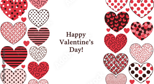 Happy Valentine's Day greeting card design featuring a wide variety of red and pink hearts with different textures and patterns.