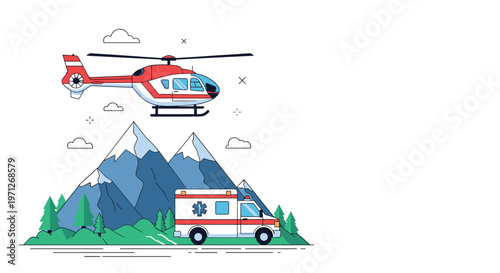 Emergency medical rescue team concept showing a red helicopter and an ambulance vehicle traveling through the mountains.